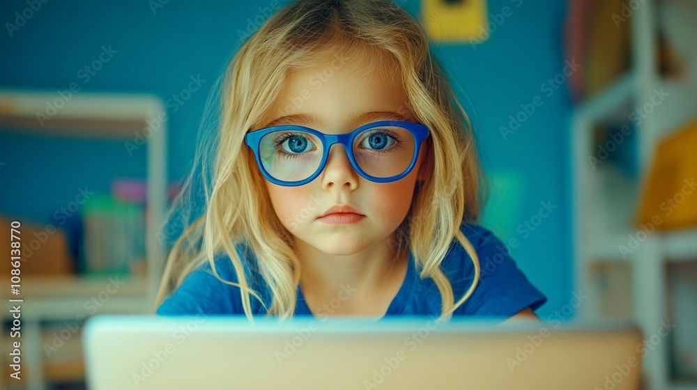 Adorable young girl with blonde curls and vibrant blue glasses gazes intently at laptop screen, embodying childhood curiosity in digital age learning environment. Adorable young girl with blonde curls and vibrant blue glasses gazes intently at laptop screen, embodying childhood curiosity in digital age learning environment.