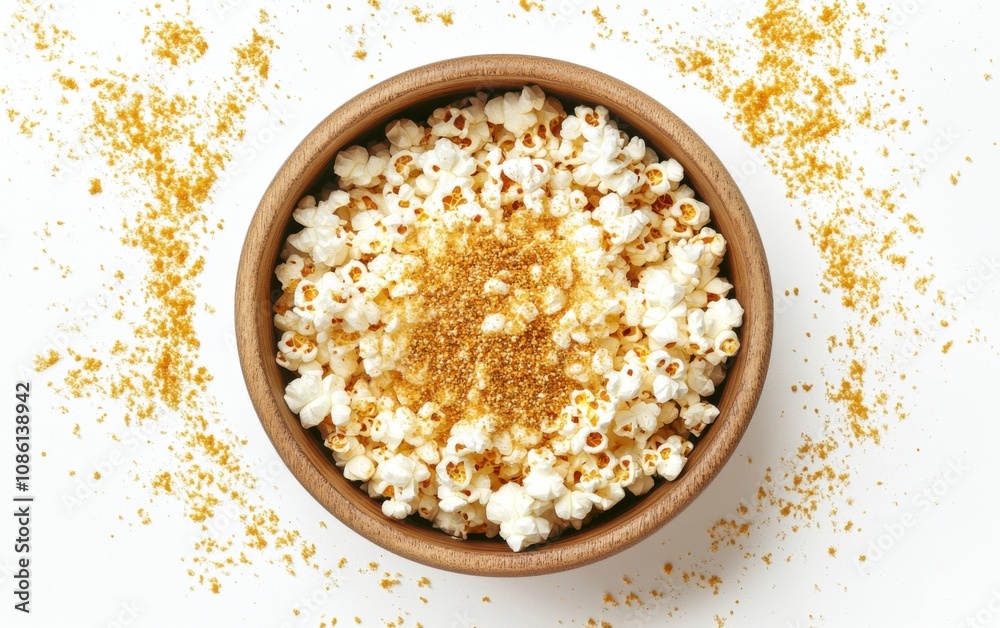 Snack bowl filled with popcorn and seasoning on a white background, perfect for movie nights or casual gatherings Snack bowl filled with popcorn and seasoning on a white background, perfect for movie nights or casual gatherings