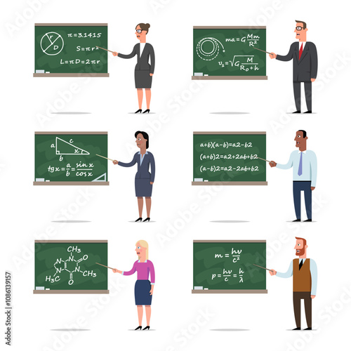 Set of the teachers explains the lesson by pointing to the board