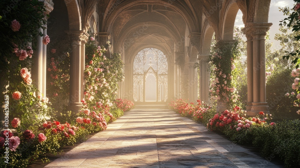 Elegant walkway leading to a grand church entrance, adorned with flowers and decorative arches, bathed in soft natural light Elegant walkway leading to a grand church entrance, adorned with flowers and decorative arches, bathed in soft natural light