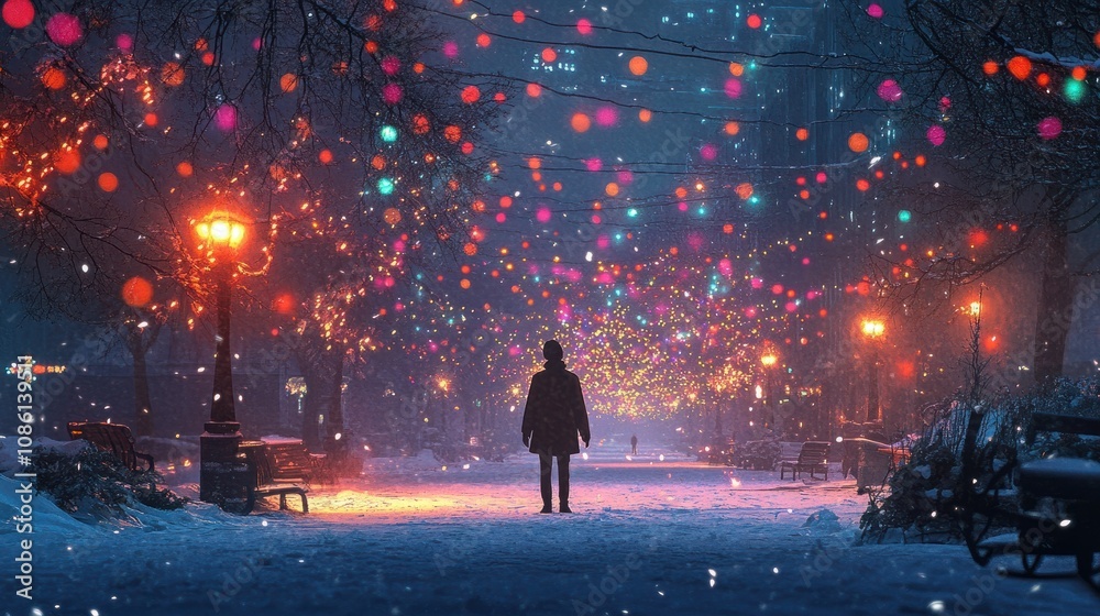 Lonely figure in winter clothes, standing in a cold, vibrant celebration scene with twinkling lights, capturing a bittersweet moment of isolation Lonely figure in winter clothes, standing in a cold, vibrant celebration scene with twinkling lights, capturing a bittersweet moment of isolation