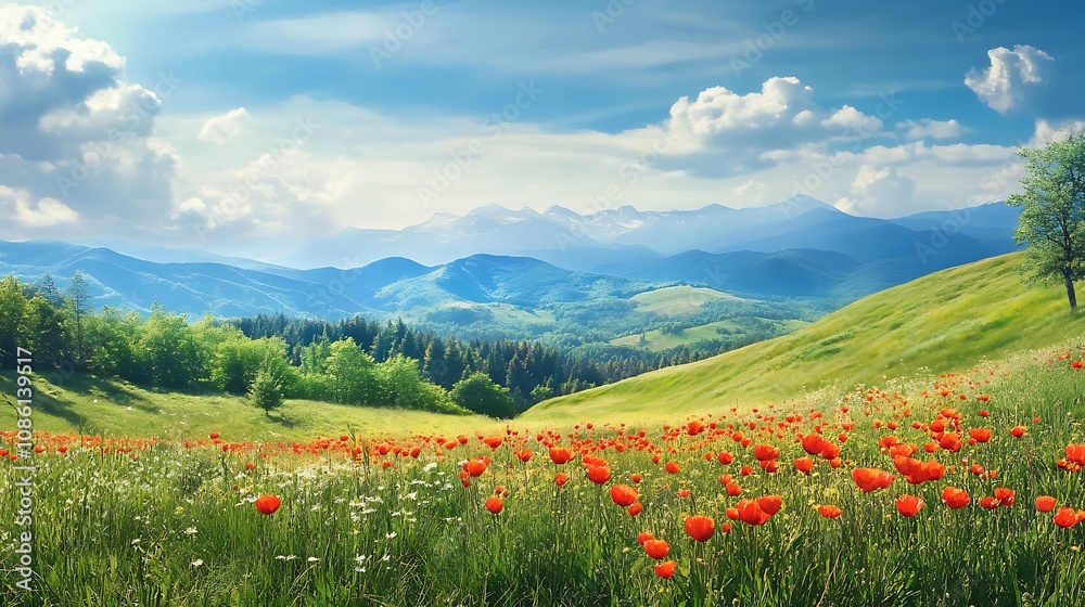 Poppy field in the mountains. Scenic landscape with wildflowers, mountains, and blue sky. Concept of nature, beauty, and tranquility.