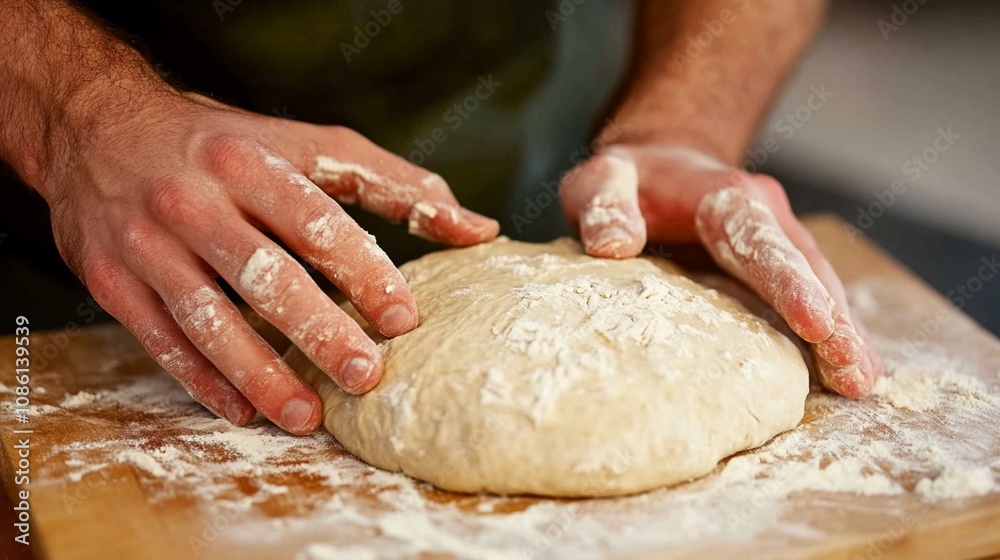 Skilled hands knead a round of fresh dough on a flour-dusted wooden surface, capturing the artisanal process of bread-making in a warm, inviting kitchen setting. Skilled hands knead a round of fresh dough on a flour-dusted wooden surface, capturing the artisanal process of bread-making in a warm, inviting kitchen setting.
