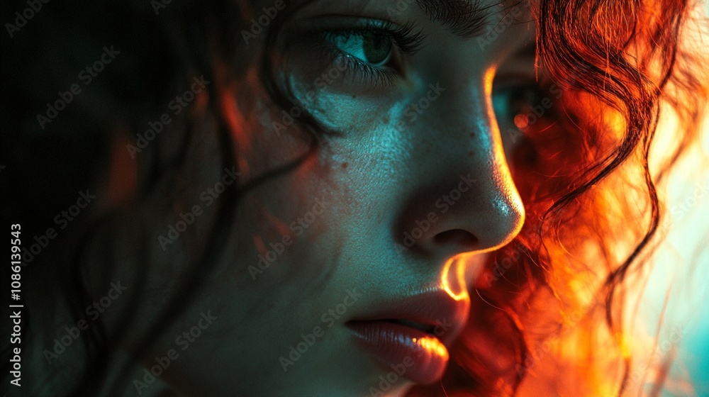 Dramatic close-up portrait with contrasting teal and orange lighting illuminating a woman's face, highlighting intense gaze and fiery red curls. Dramatic close-up portrait with contrasting teal and orange lighting illuminating a woman's face, highlighting intense gaze and fiery red curls.