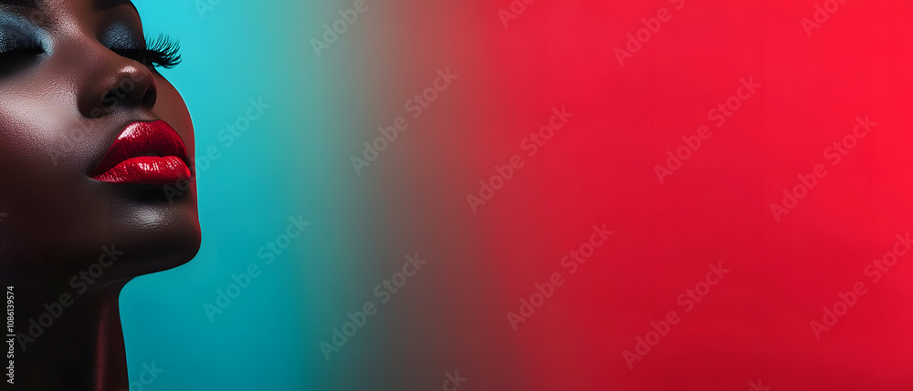 Sensual Closeup Portrait of a Black Woman with Red Lips Against a Teal and Red Background Sensual Closeup Portrait of a Black Woman with Red Lips Against a Teal and Red Background