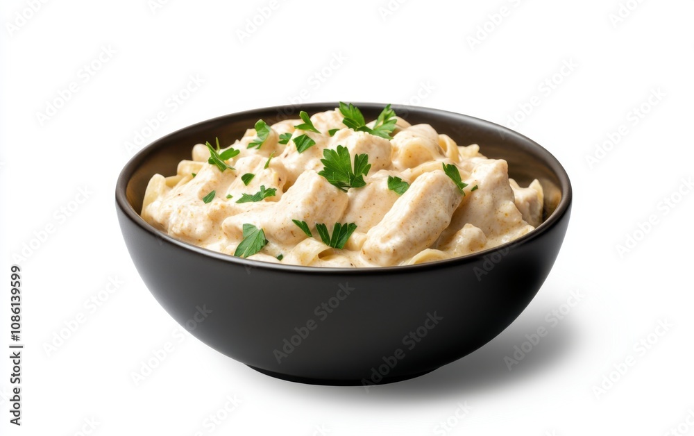A creamy chicken Alfredo pasta served in a bowl with fresh parsley greens A creamy chicken Alfredo pasta served in a bowl with fresh parsley greens