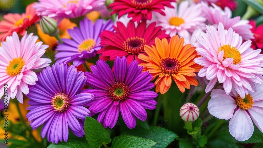 Purple flower petals and leaves in a delicate arrangement, creating a vibrant and natural composition, colorful, vibrant Purple flower petals and leaves in a delicate arrangement, creating a vibrant and natural composition, colorful, vibrant