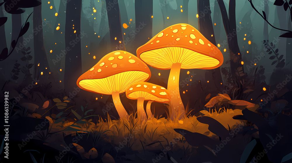 Fototapeta premium Orange mushrooms with dewdrops glowing in a mystical forest. Mystical Forest Glow. Illustration