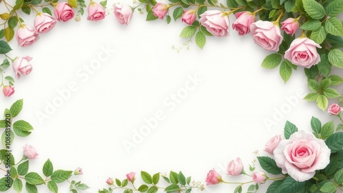 Rose flower and leaves in a delicate frame, petals, botanical
