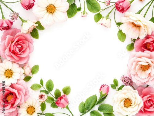 Rose flower with leaves creating a decorative frame, nature, beauty in nature