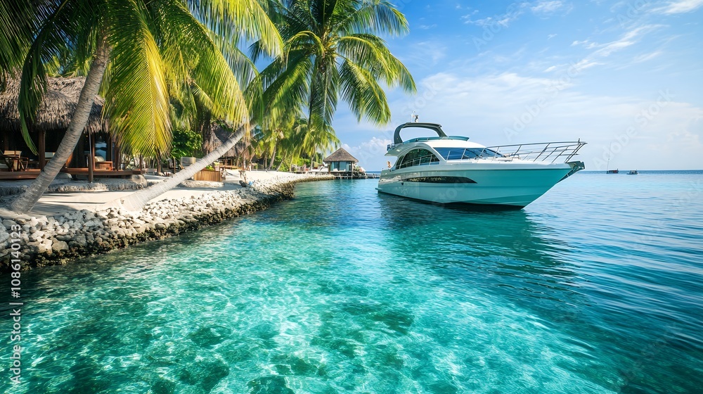 A luxury yacht docked near palm trees in a tropical paradise with crystal clear waters and blue skies A luxury yacht docked near palm trees in a tropical paradise with crystal clear waters and blue skies