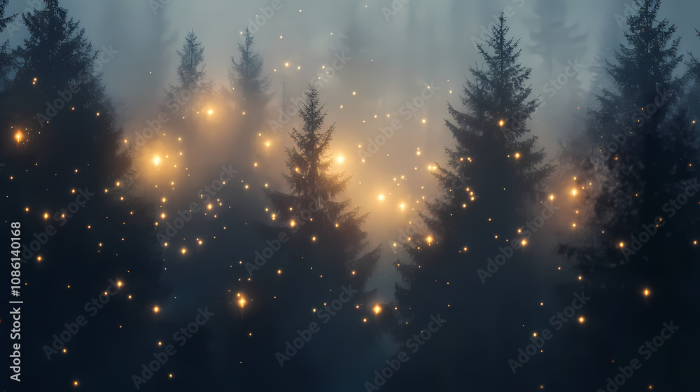 Naklejka premium Mystical forest scene illuminated by magical glowing lights and mist. Mystical Forest Glow. Illustration