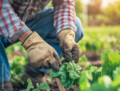 Gardener working on a field, close-up of hands photo