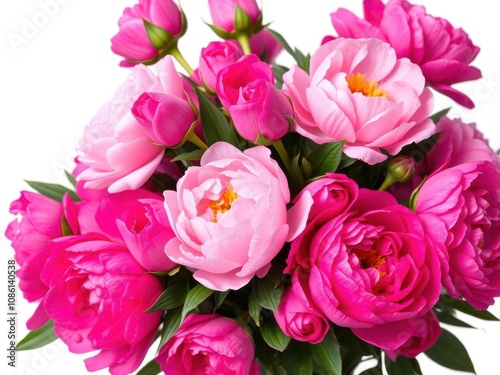 Vibrant bouquet of pink peonies and roses with space for text, fresh, peonies
