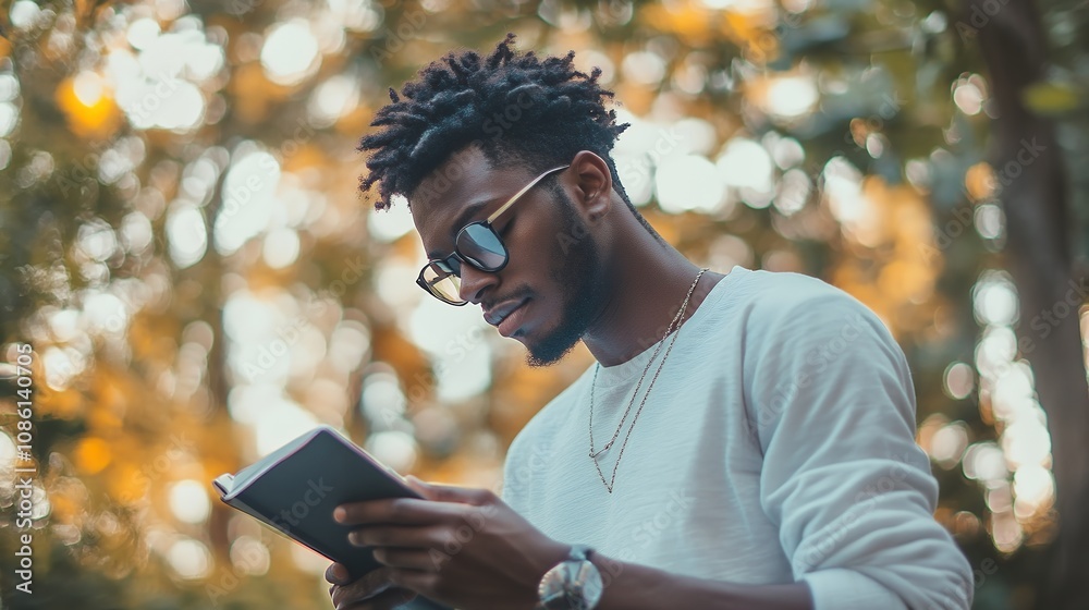 Fototapeta premium A stylish young man reads a book outdoors, enjoying the serene atmosphere with sunlight filtering through the trees