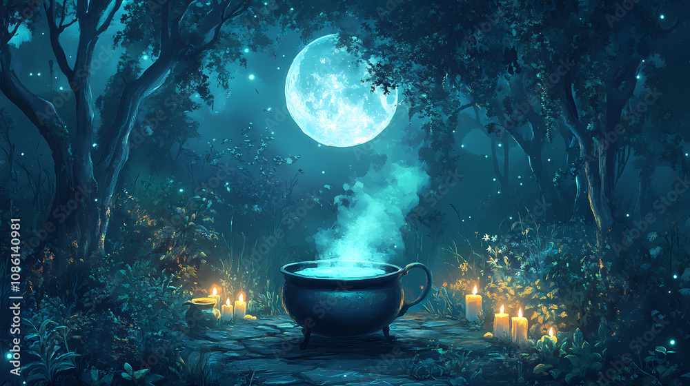 A mysterious cauldron bubbles under a glowing full moon, surrounded by herbs and candles in a magical forest setting at night. Mystical Forest Glow. Illustration A mysterious cauldron bubbles under a glowing full moon, surrounded by herbs and candles in a magical forest setting at night. Mystical Forest Glow. Illustration