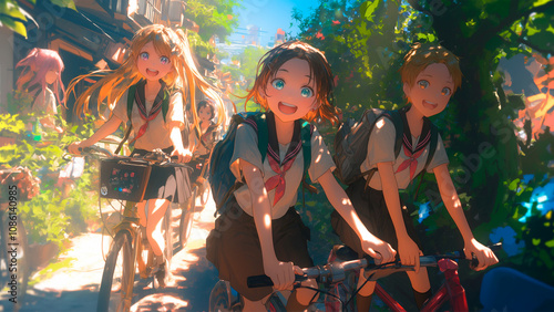 Anime friends riding bikes illustration. Clear skies and glowing sunlight, children cycling home after school, lively wallpaper backdrop