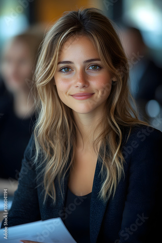 Wallpaper Mural Portrait of a confident businesswoman with wavy hair, smiling warmly in a modern office setting, softly lit to emphasize her professional and approachable demeanor.
 Torontodigital.ca