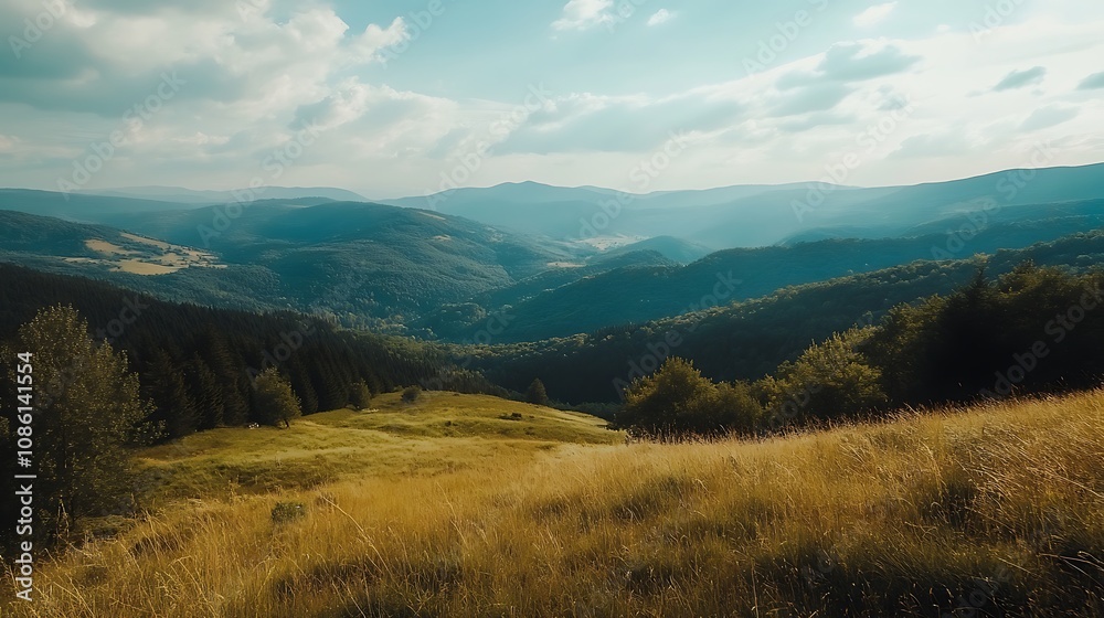 Mountain landscape with valley and forest. Scenic view of nature, tranquility, and beauty. Mountain landscape with valley and forest. Scenic view of nature, tranquility, and beauty.