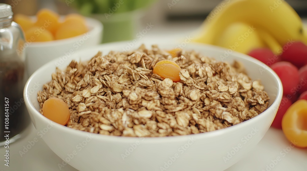 Oatmeal topped with a layer of seeds and nuts, close-up view showcasing detailed texture for a food background