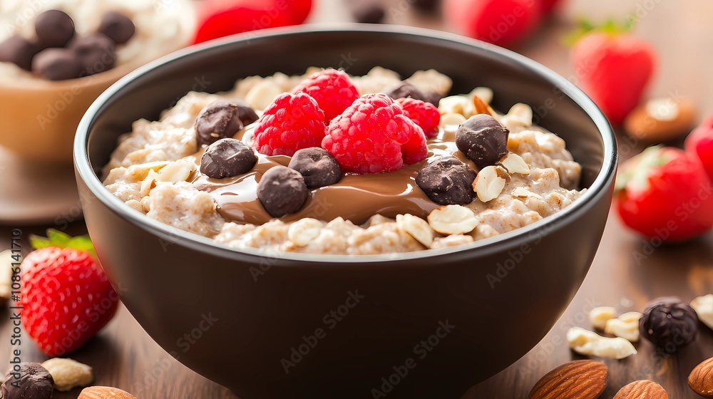 Oatmeal topped with a layer of seeds and nuts, close-up view showcasing detailed texture for a food background Oatmeal topped with a layer of seeds and nuts, close-up view showcasing detailed texture for a food background