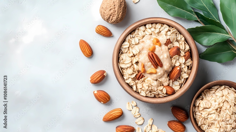 Fototapeta premium Oatmeal topped with a layer of seeds and nuts, close-up view showcasing detailed texture for a food background