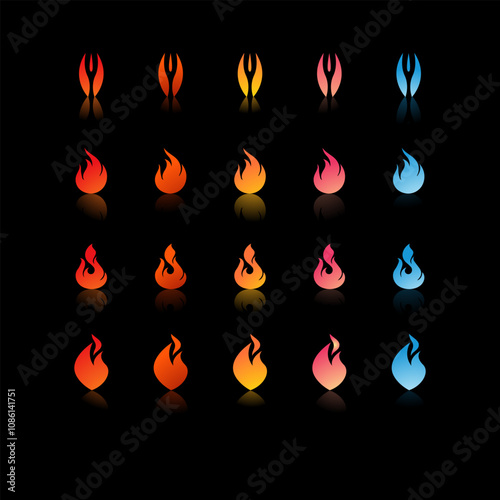 25 fire icons with varying gradients and shapes in colors ranging from red, orange, yellow, pink, to blue for Game Development Elements, Graphic Design, Animation and Video.