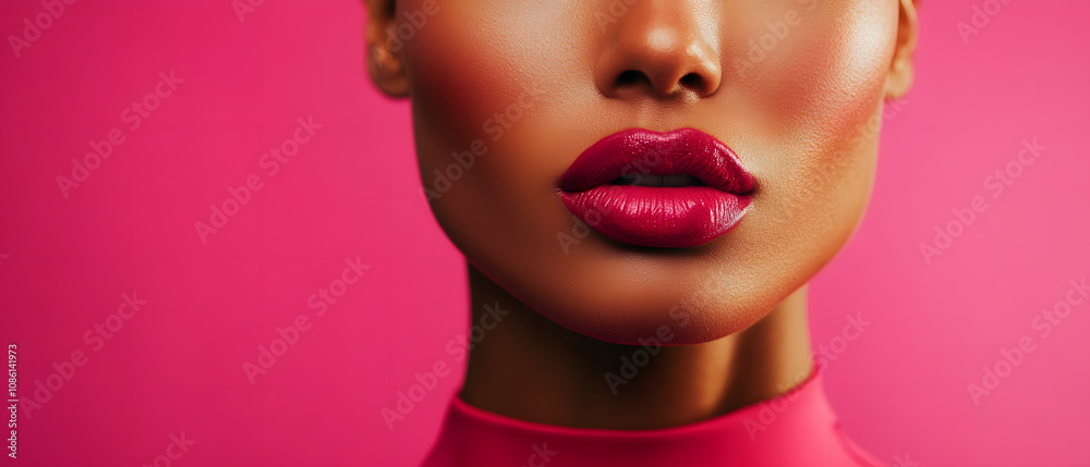 Closeup of Womans Lips with Vibrant Red Lipstick on Pink Background Closeup of Womans Lips with Vibrant Red Lipstick on Pink Background