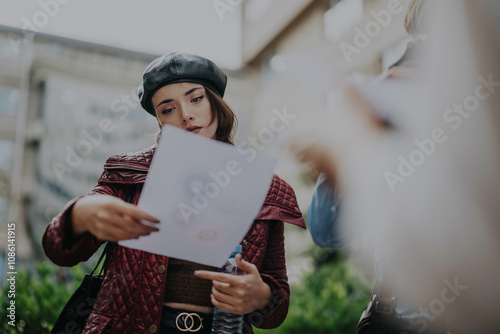 A young woman dressed smartly in a city setting, attentively examining documents. The urban landscape indicates a business or casual professional activity, blending modern style and purpose. photo