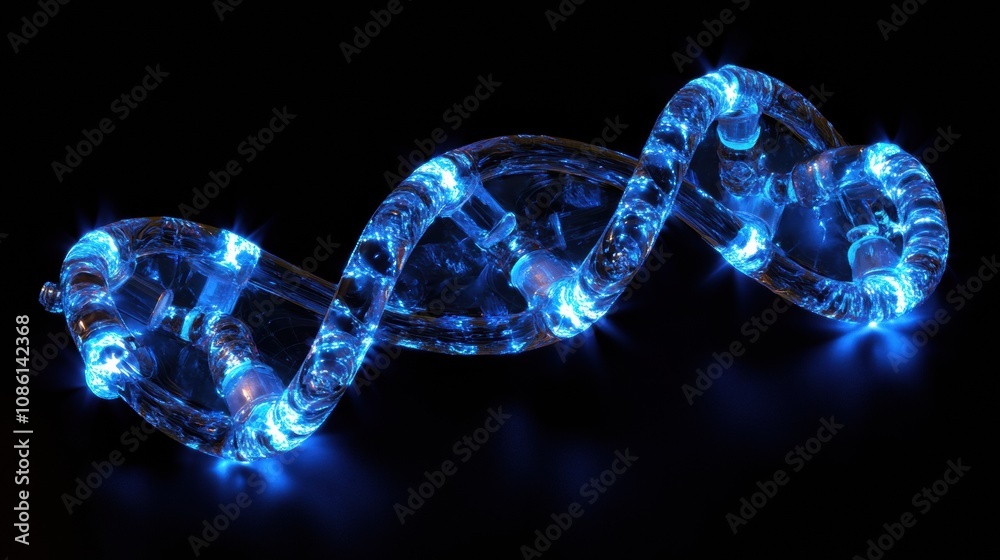 An illuminated DNA double helix model highlights the complex formation of genetic material, glowing in vibrant colors with a dark backdrop. Generative AI