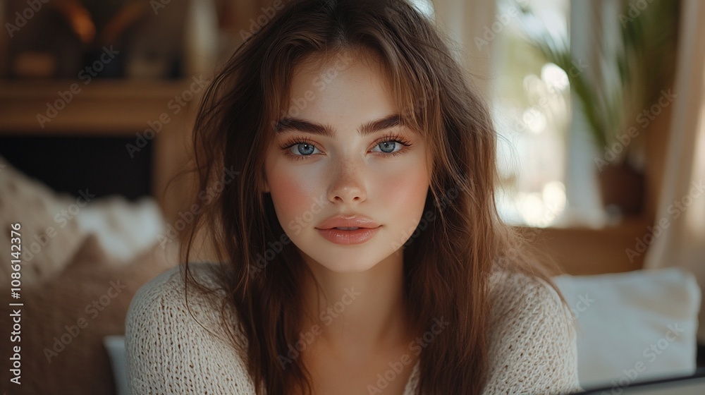 Close-up portrait of a young woman with blue eyes and light brown hair, wearing a cream-colored sweater, sitting indoors. Close-up portrait of a young woman with blue eyes and light brown hair, wearing a cream-colored sweater, sitting indoors.