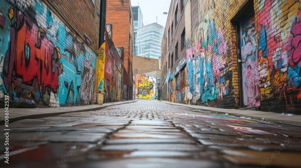 Fototapeta premium A narrow alleyway with colorful graffiti art on the walls and cobblestone pavement.