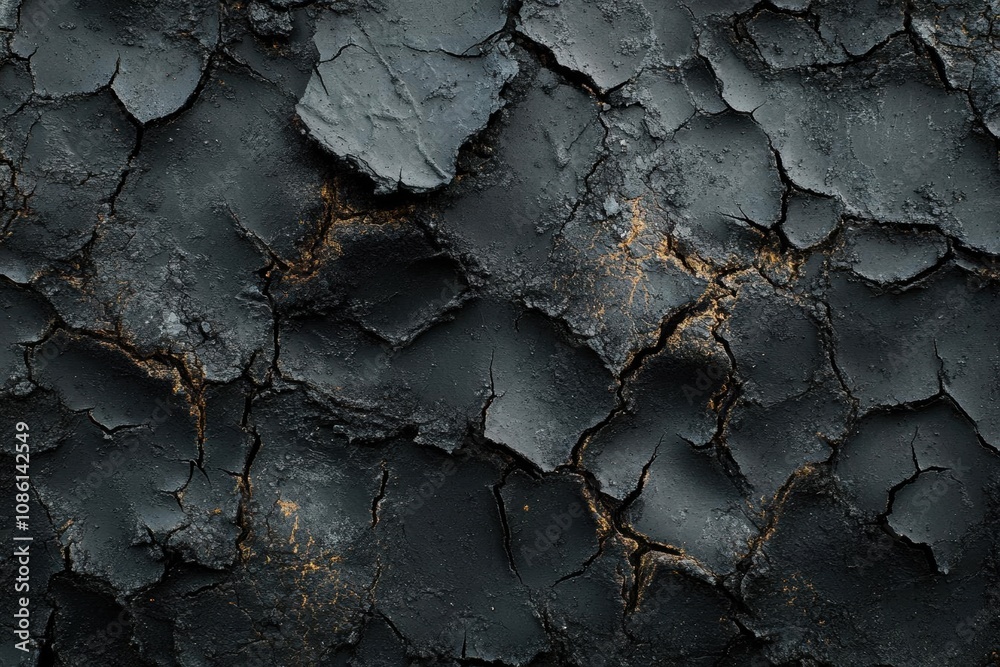 Dark Cracked Surface with Golden Veins: A Textured Abstract Background Dark Cracked Surface with Golden Veins: A Textured Abstract Background