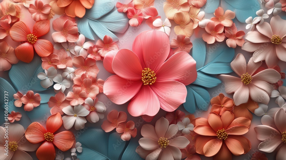 A vibrant arrangement of colorful 3D flowers against a soft backdrop, this image is perfect for decorations, birthday invitations, or floral-themed projects, It conveys beauty and freshness,
