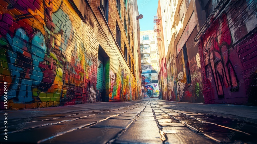 Naklejka premium A narrow alleyway with colorful graffiti art on the walls, creating a vibrant and urban atmosphere. The sunlight shines through the alley, illuminating the brick walls and cobblestone ground.