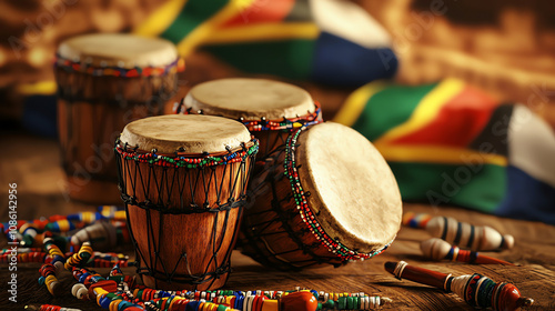Celebrating South African Freedom Day with vibrant African drums and colorful beaded accessories in a cultural setting