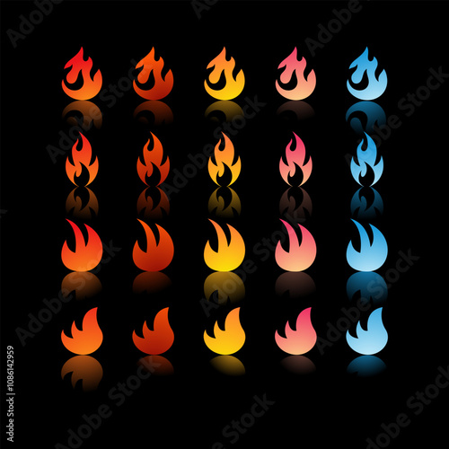 25 fire icons with varying gradients and shapes in colors ranging from red, orange, yellow, pink, to blue for Game Development Elements, Graphic Design, Animation and Video.