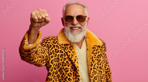 Happy senior man in leopard print coat celebrating success.