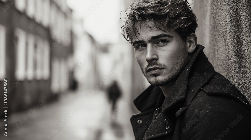 Obraz premium Monochrome portrait of a handsome young man leaning against a wall in a city street.