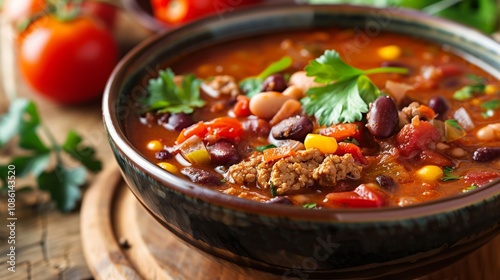 A bowl of delicious Mexican soup made with minced meat, beans, tomatoes and fresh herbs. The dish is garnished with a sprig of cilantro, which adds freshness to it.