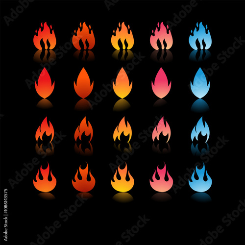 25 fire icons with varying gradients and shapes in colors ranging from red, orange, yellow, pink, to blue for Game Development Elements, Graphic Design, Animation and Video.