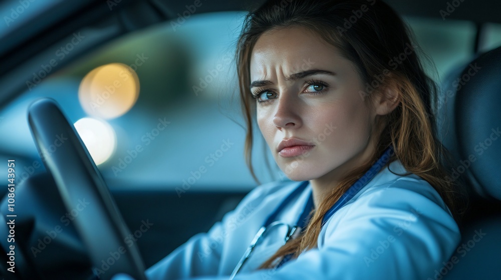 Serious female doctor driving at night. Serious female doctor driving at night.