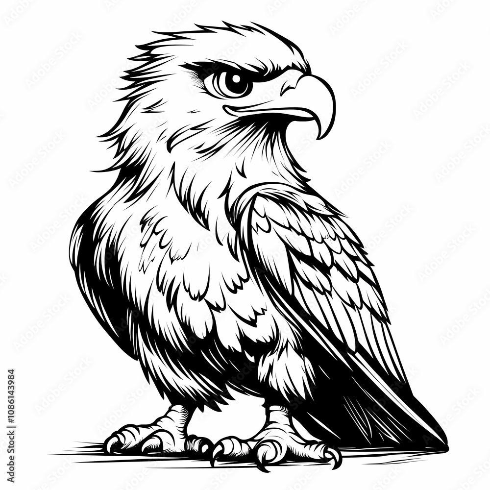 Kids coloring page with a eagle, black and white, simple line art style Kids coloring page with a eagle, black and white, simple line art style