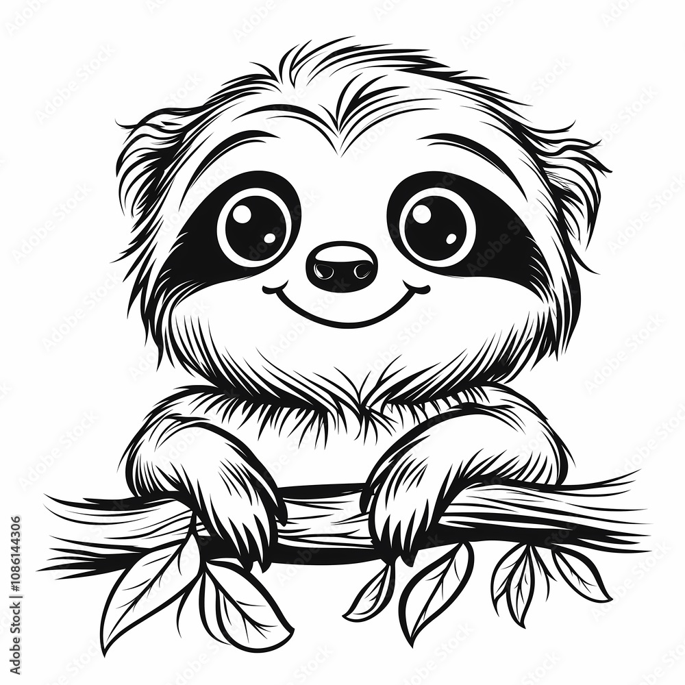 Kids coloring page with a sloth, black and white, simple line art style Kids coloring page with a sloth, black and white, simple line art style