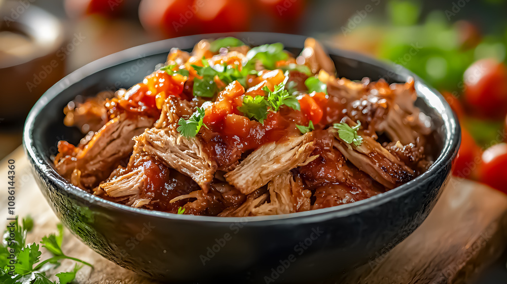 Slow-cooked pulled pork with tangy barbecue sauce. Hearty comfort food, rich textures, rustic bowl Slow-cooked pulled pork with tangy barbecue sauce. Hearty comfort food, rich textures, rustic bowl