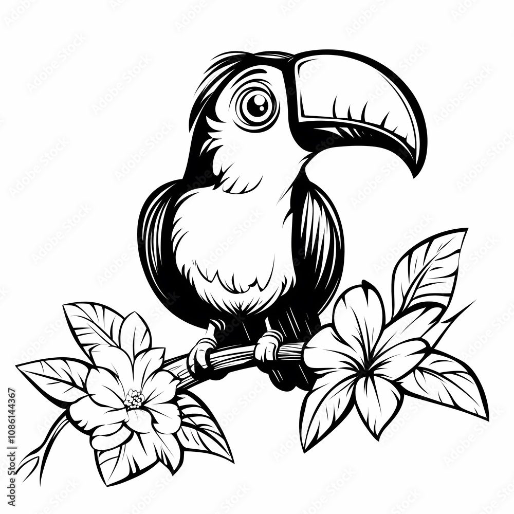 Naklejka premium Toucan, Kids coloring pages, black and white, simple line art style