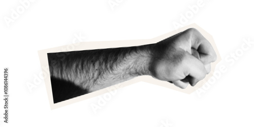 Trendy halftone collage element hand fist male protest. Element cut out hand in fist as a sign of strength. Retro punk design for poster social media banner, flyer