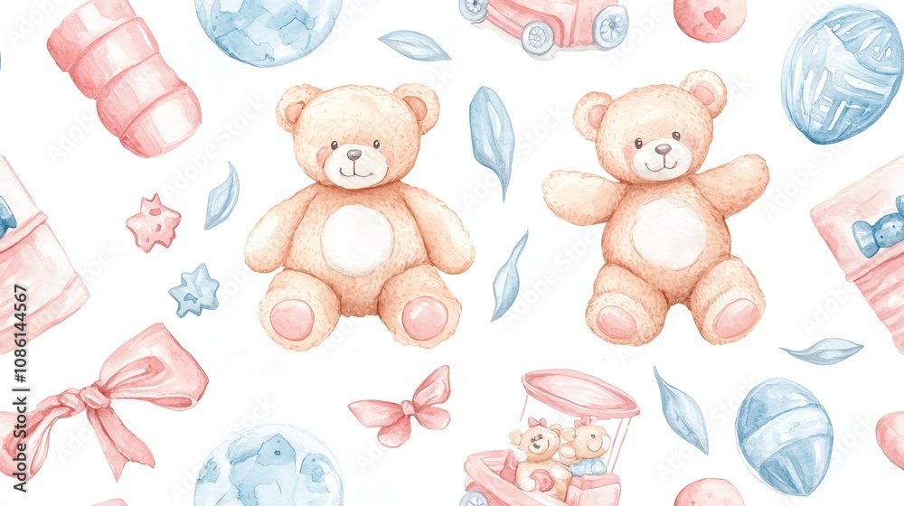 Obraz premium Soft watercolor painting of teddy bears and toys, pastel colors, gentle children's room items