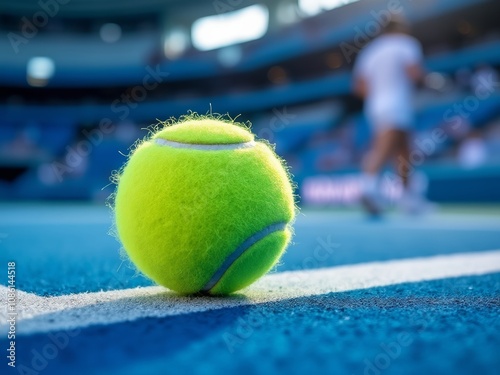 Bright yellow tennis ball resting on blue court, silhouetted tennis player behind. The vibrant scene of a yellow tennis ball on a blue hardcourt with a blurred player in action. photo