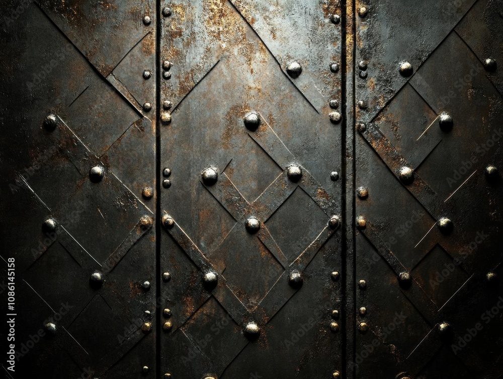 Fototapeta premium Dark Metal Texture with Rivets and a Diamond Pattern: A Grunge and Industrial Background